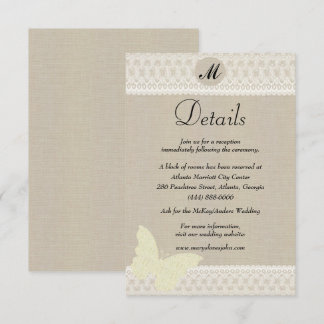 Tarjeta De Recepción Detalles del Boda del Monograma Burlap Y Lace