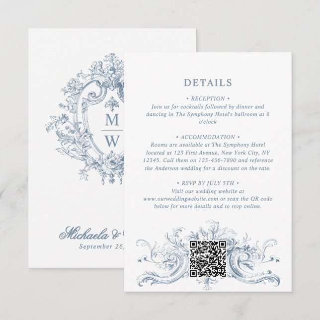 Tarjeta De Recepción Detalles del Boda del Monograma de Regencia de Vin (Anverso / Reverso)