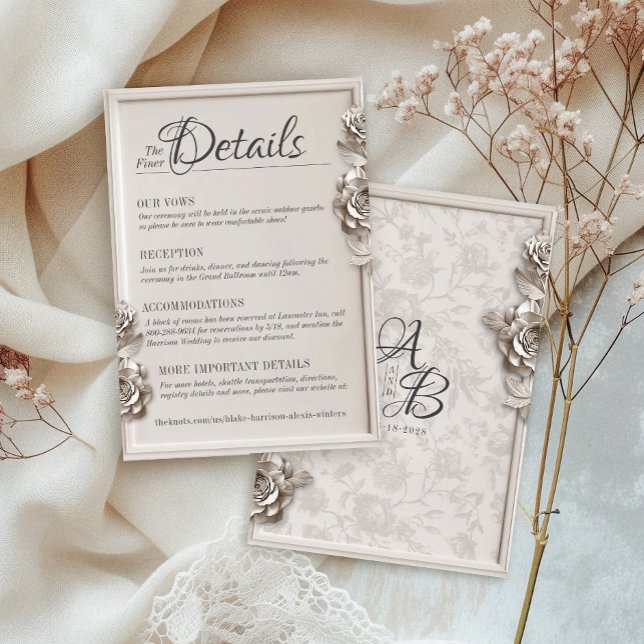 Tarjeta De Recepción Detalles del Boda del monograma floral barroco vin (Elegant Baroque plaster frame vintage floral calligraphy monogram wedding invitation details card)