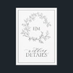 Tarjeta De Recepción Detalles del Boda del Monograma Verde Eucalyptus<br><div class="desc">¡Nos encanta esta moderna y moderna tarjeta de detalles verdes del eucalipto! Sencillo, elegante y muy bonito, tiene una corona de hojas dibujadas a mano que rodea un moderno monograma boda. Está personalizado en una tipografía elegante, acentuado con caligrafía con letras a mano. Finalmente, se recorta en un marco delicado...</div>