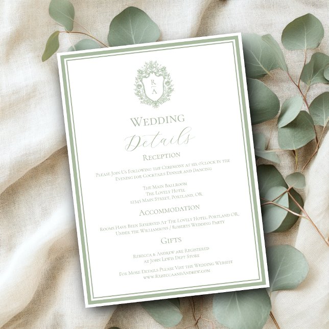 Tarjeta De Recepción Detalles del Boda del Monograma Verde Sage (Subido por el creador)