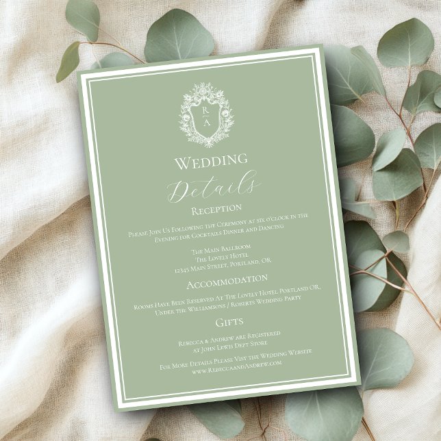 Tarjeta De Recepción Detalles del Boda del Monograma Verde Sage (Subido por el creador)