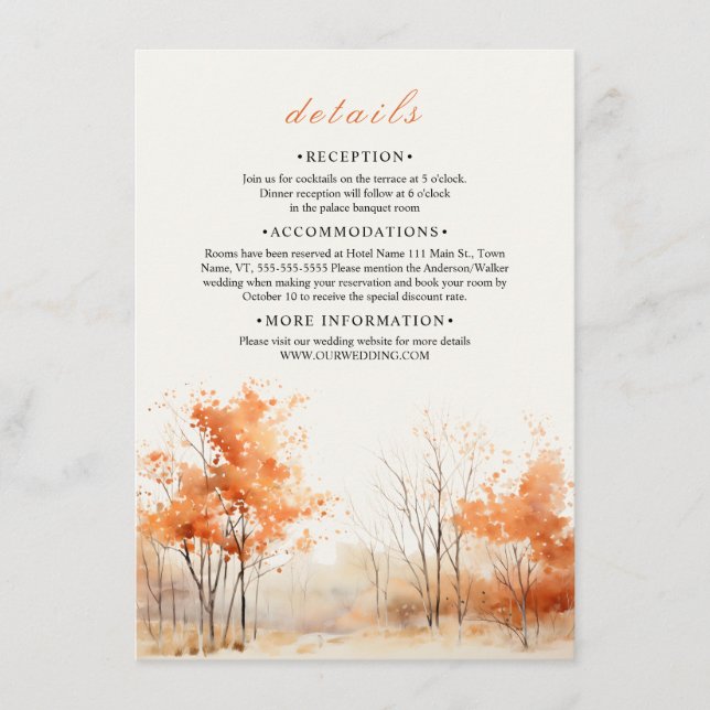 Tarjeta De Recepción Detalles del boda del paisaje forestal de otoño (Anverso)