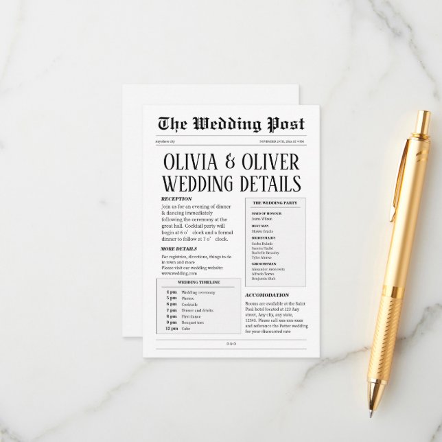 Tarjeta De Recepción Detalles del boda del periódico retro (Anverso/Reverso In Situ)