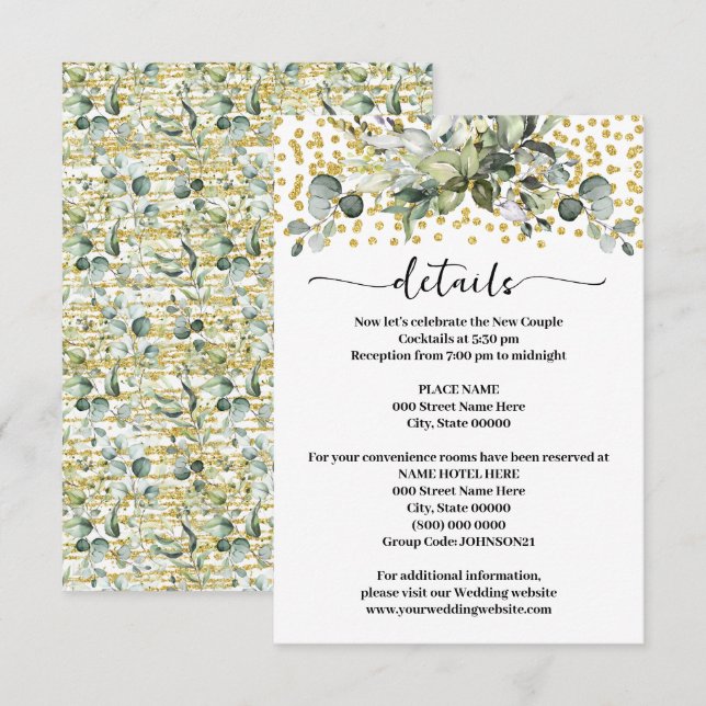 Tarjeta De Recepción Detalles del Boda del Purpurina de oro Eucalyptus  (Anverso / Reverso)