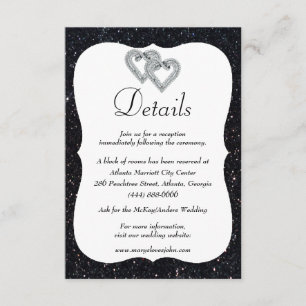 Tarjeta De Recepción Detalles del Boda del Purpurina negro de los coraz