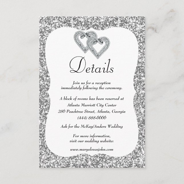 Tarjeta De Recepción Detalles del Boda del Purpurina Silver Diamond Hea (Anverso)