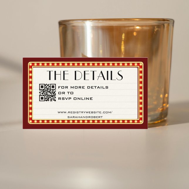 Tarjeta De Recepción Detalles del Boda del Teatro de Cine Retro Marquee (Retro Cinema Theater Marquee Sign Wedding Details Enclosure Card)