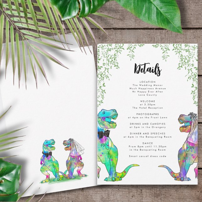 Tarjeta De Recepción Detalles del Boda del tema de los dinosaurios (T-Rex bride and groom colorful dinosaur wedding invitation details enclosure card)