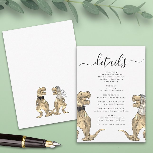 Tarjeta De Recepción Detalles del Boda del tema de los dinosaurios (T-Rex bride and groom funny dinosaur wedding invitation enclosure card modern elegant script)