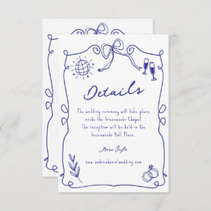 Tarjeta De Recepción Detalles del Boda dibujado a mano rápida azul y ca