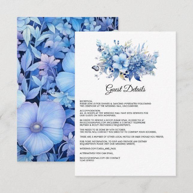 Tarjeta De Recepción Detalles del Boda Dusty Blue Floral (Anverso / Reverso)