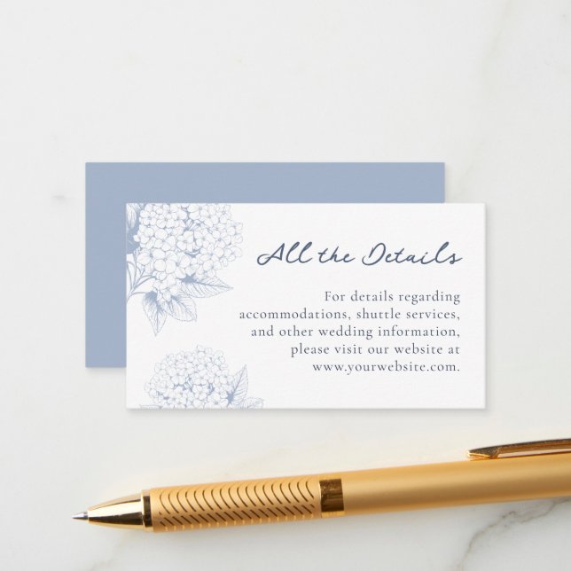 Tarjeta De Recepción Detalles del Boda Dusty Blue Hydrangea (Anverso/Reverso In Situ)