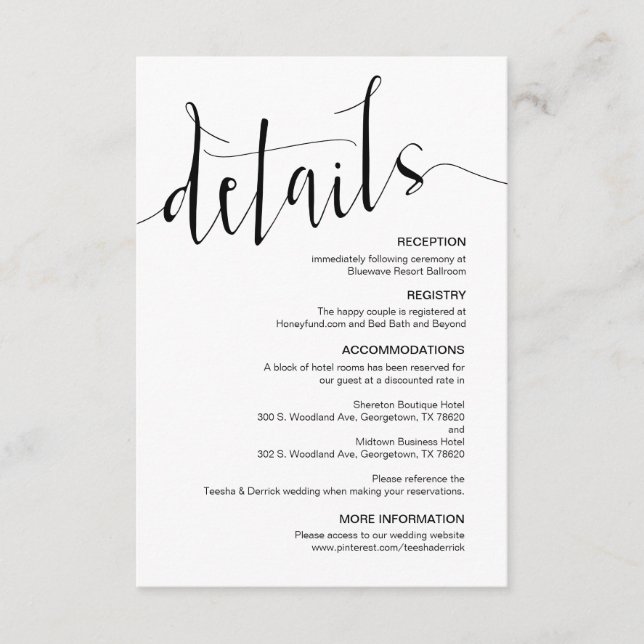 Tarjeta De Recepción Detalles del Boda editable negro moderno (Anverso)