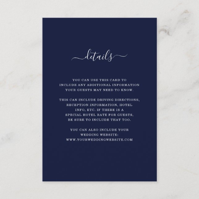Tarjeta De Recepción Detalles del boda | Elegante azul oscuro y blanco (Anverso)