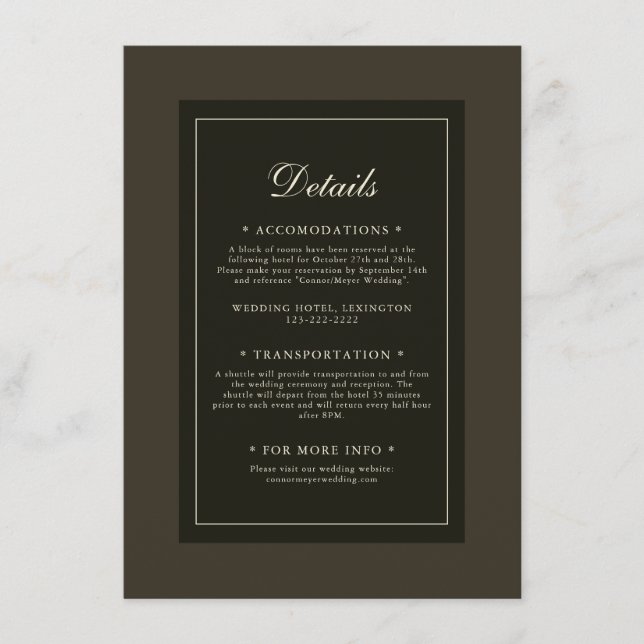 Tarjeta De Recepción Detalles del Boda elegante clásico oscuro otoño ma (Anverso)