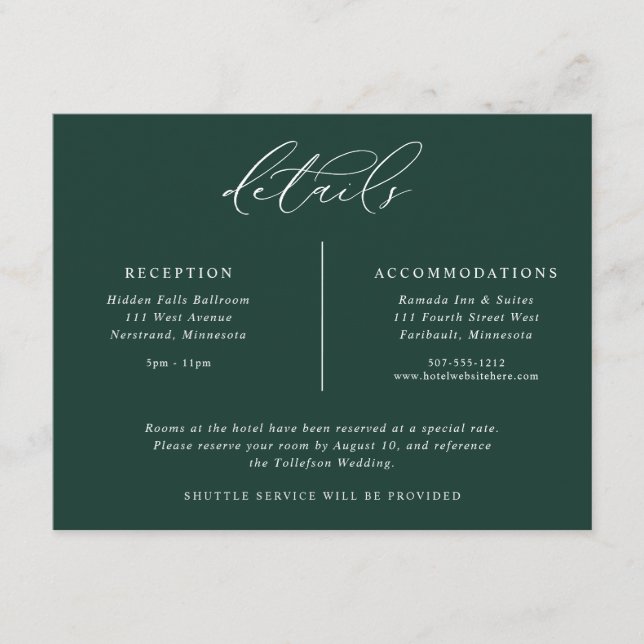 Tarjeta De Recepción Detalles del Boda Esmeralda Elegante (Anverso)