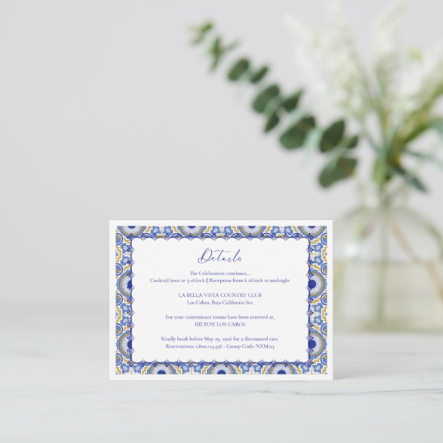 Tarjeta De Recepción Detalles del Boda español Talavera mexicana azul (Anverso de pie)