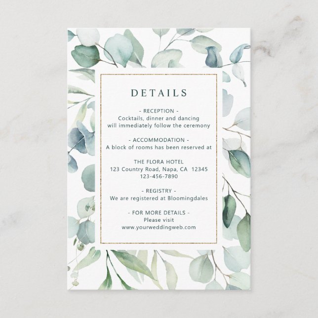 Tarjeta De Recepción Detalles del Boda Ethereal Eucalyptus Gold Greener (Anverso)