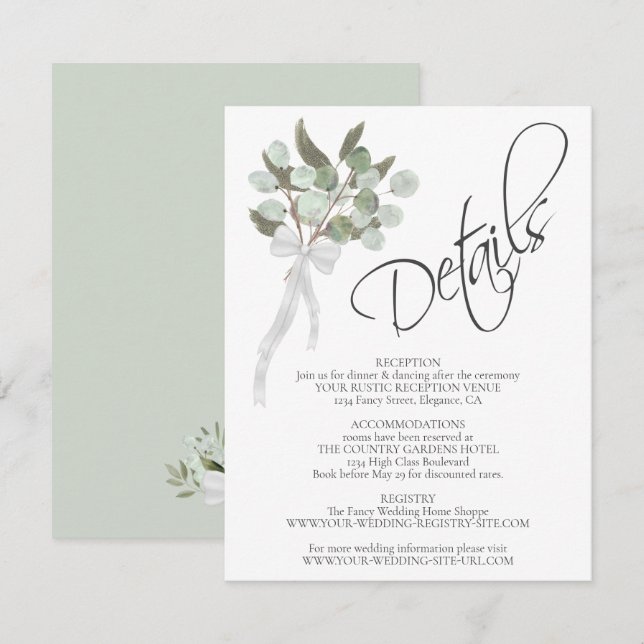 Tarjeta De Recepción Detalles del Boda Eucalyptus & Greenery Bouquet (Anverso / Reverso)