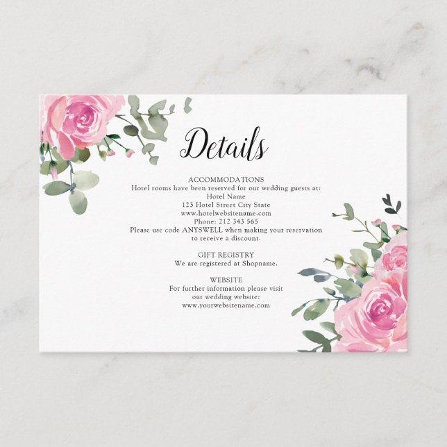 Tarjeta De Recepción Detalles del Boda Eucalyptus Roses rosadas y polvo (Anverso)