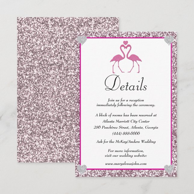 Tarjeta De Recepción Detalles del Boda Flamingo, Purpurina rosa tropica (Anverso / Reverso)
