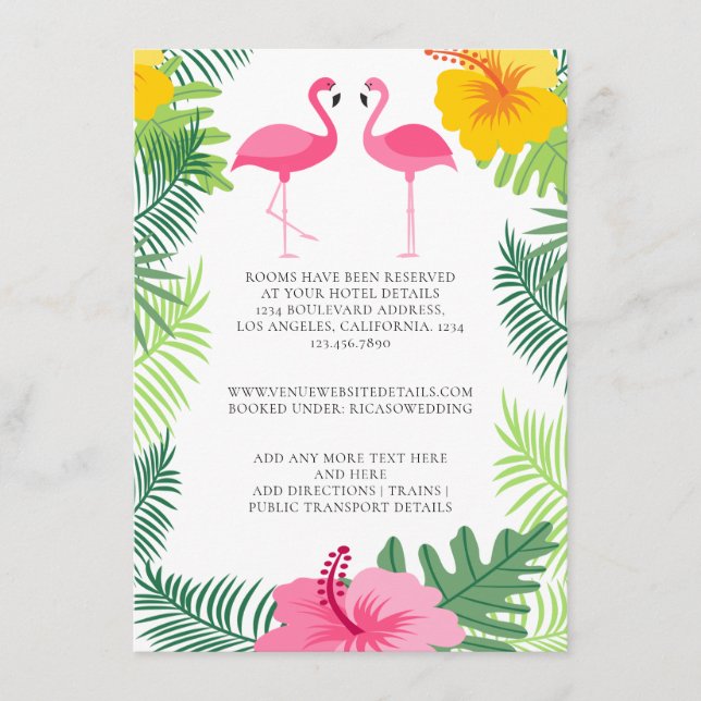 Tarjeta De Recepción Detalles del Boda Flamingo Rosado Tropical (Anverso)