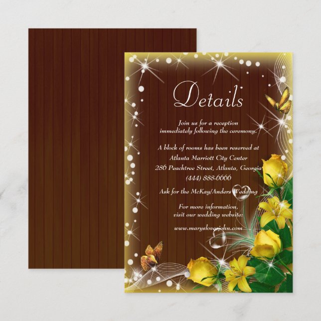 Tarjeta De Recepción Detalles del Boda floral amarillo de madera oscura (Anverso / Reverso)