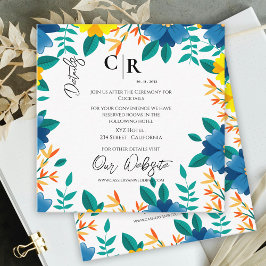 Tarjeta De Recepción Detalles del Boda floral amarillo y azul brillante