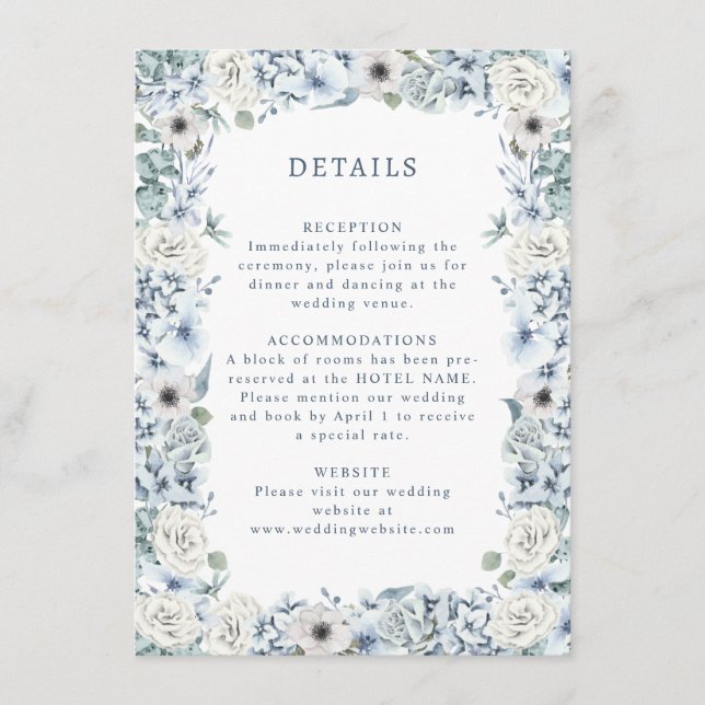 Tarjeta De Recepción Detalles del Boda Floral Azul (Anverso)