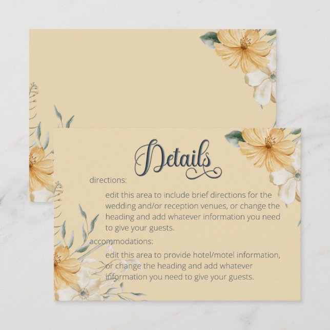 Tarjeta De Recepción Detalles del Boda floral azul amarillo y blanco (Anverso / Reverso)