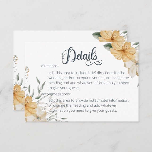 Tarjeta De Recepción Detalles del Boda floral azul amarillo y blanco (Anverso / Reverso)
