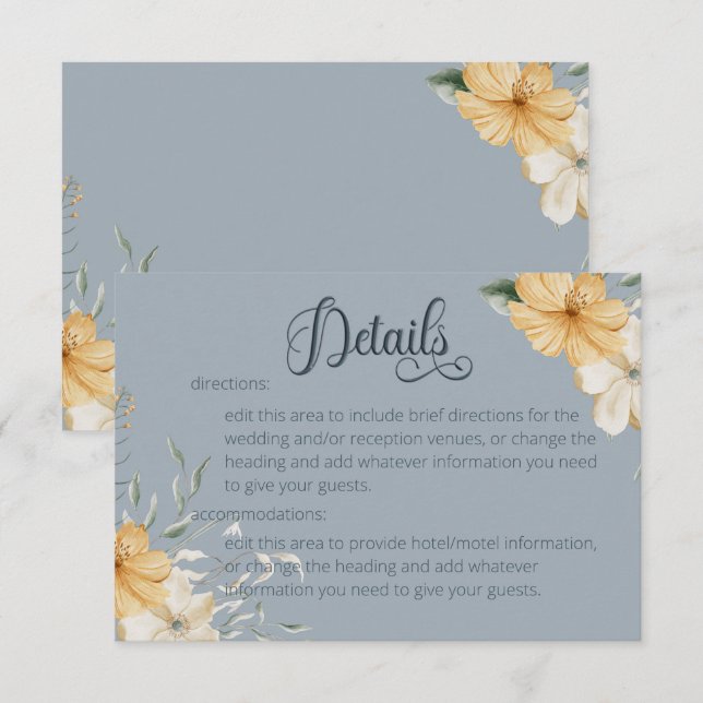 Tarjeta De Recepción Detalles del Boda floral azul amarillo y blanco (Anverso / Reverso)