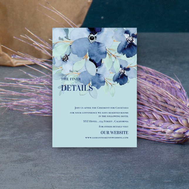 Tarjeta De Recepción Detalles del Boda floral azul de Bonito acuática (Watercolor Pretty Blue Floral Wedding Details Enclosure Card)
