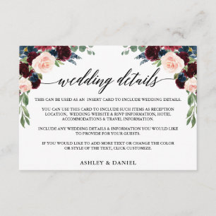 Tarjeta De Recepción Detalles del Boda Floral Azul de Borgoña