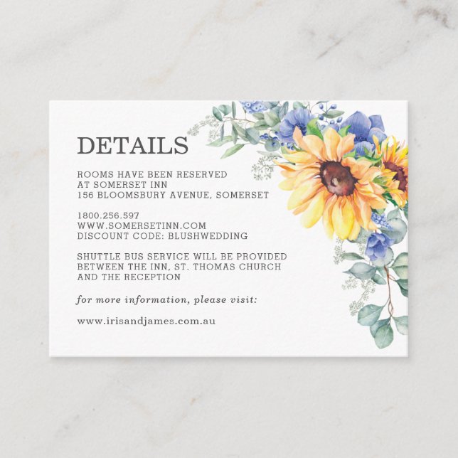 Tarjeta De Recepción Detalles del Boda floral azul de girasol ruso (Anverso)