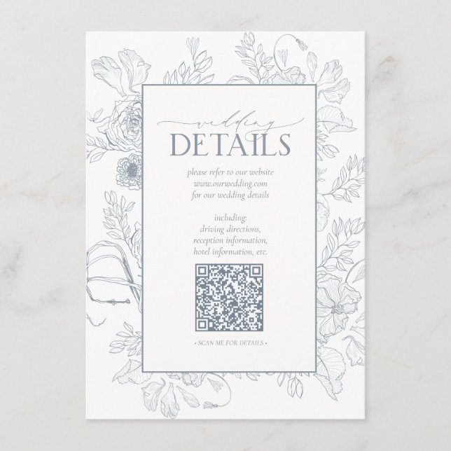Tarjeta De Recepción Detalles del Boda Floral Azul Dusty del código QR (Anverso)