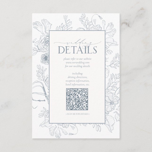 Tarjeta De Recepción Detalles del Boda Floral Azul Dusty del código QR (Anverso)