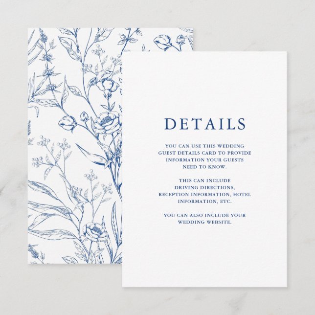 Tarjeta De Recepción Detalles del Boda Floral Azul Hermoso (Anverso / Reverso)