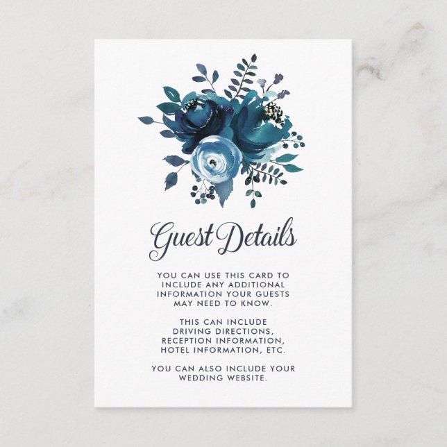 Tarjeta De Recepción Detalles del Boda Floral Azul Inspirado en la Vint (Anverso)