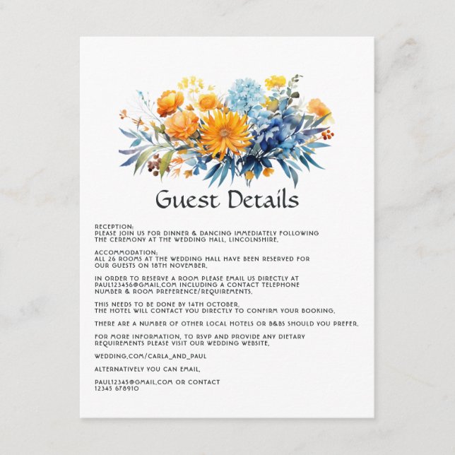 Tarjeta De Recepción Detalles del Boda floral azul, Naranja y amarillo (Anverso)