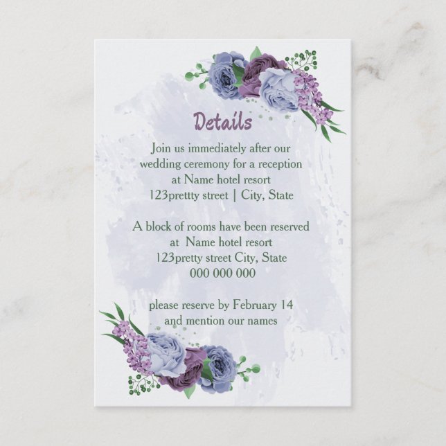 Tarjeta De Recepción Detalles del boda floral azul polvoriento morado (Anverso)