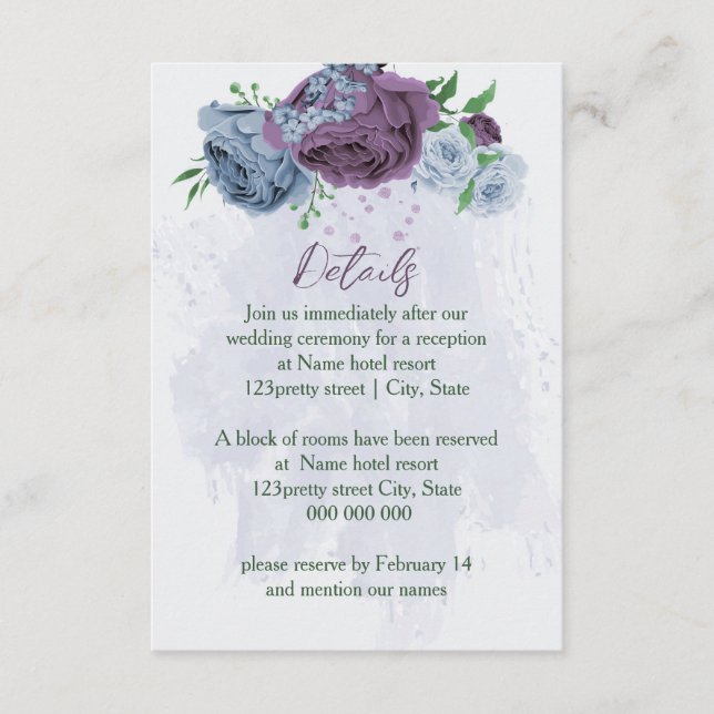 Tarjeta De Recepción Detalles del boda floral azul polvoriento morado (Anverso)
