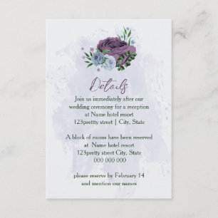 Tarjeta De Recepción Detalles del boda floral azul polvoriento morado