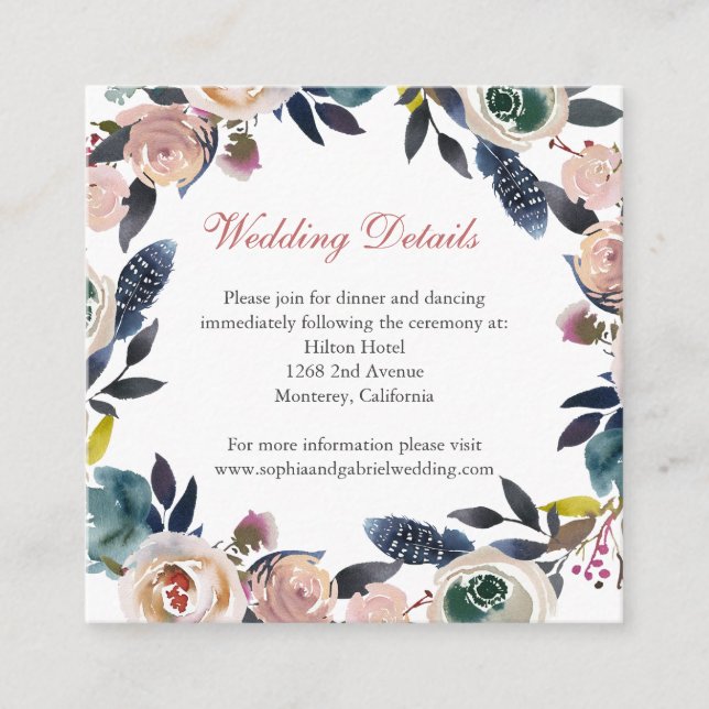 Tarjeta De Recepción Detalles del Boda Floral Azul Rosa Dusty (Anverso)