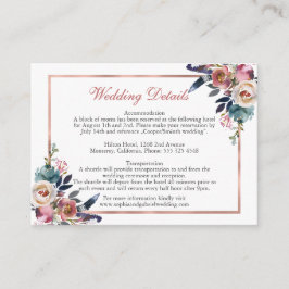Tarjeta De Recepción Detalles del Boda Floral Azul Rosa Dusty