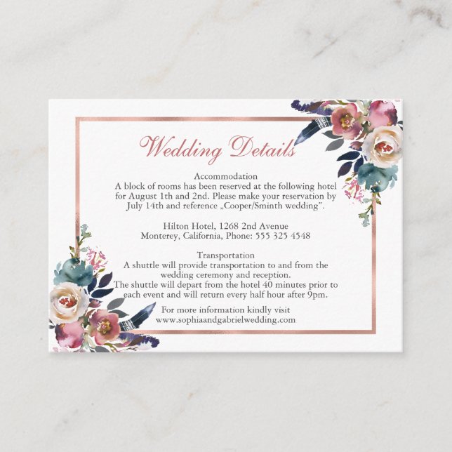 Tarjeta De Recepción Detalles del Boda Floral Azul Rosa Dusty (Anverso)