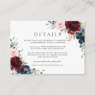 Tarjeta De Recepción Detalles del Boda floral azul Rubor rojo borgoña