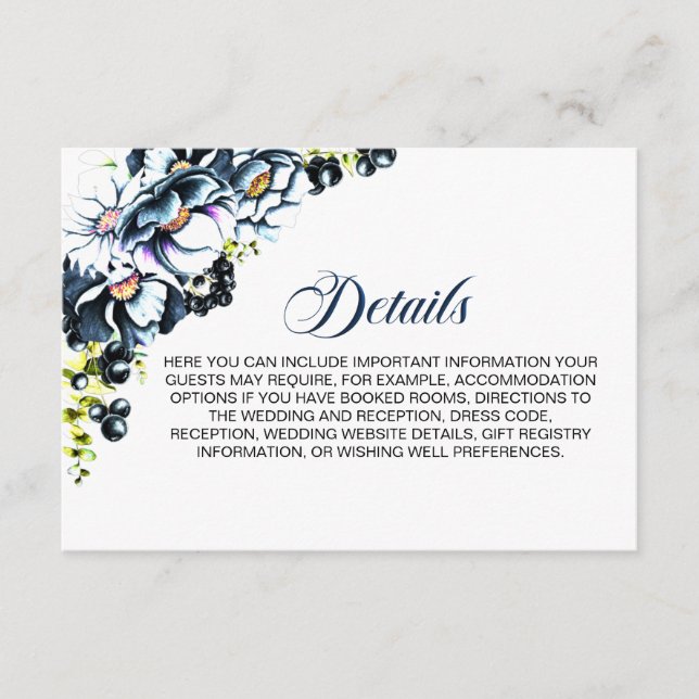 Tarjeta De Recepción Detalles del Boda floral azul ruso (Anverso)