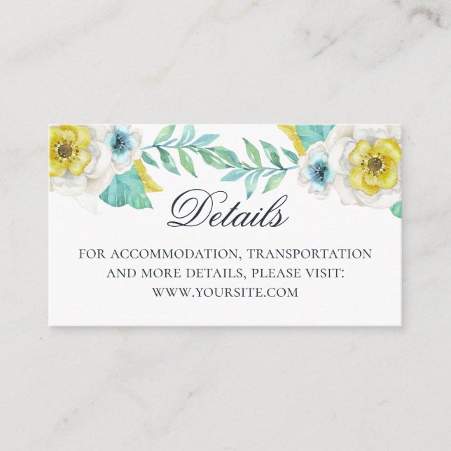 Tarjeta De Recepción Detalles del boda floral azul y amarillo acuarela (Anverso)